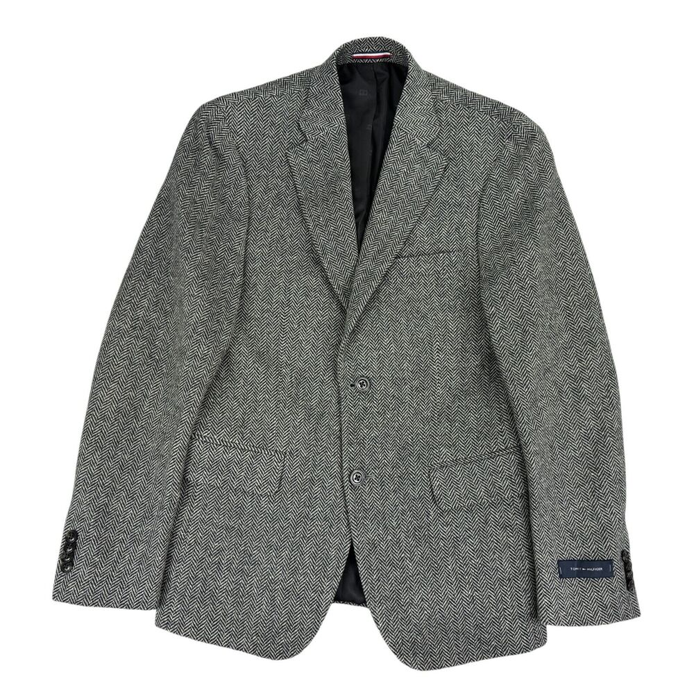 Tommy Hilfiger Mens Conrad Modern Fit Herringbone Wool Blazer Black White 36S